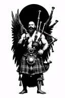 legless shirtless muscular bagpiper bald black beard playing bagpipes hoge black wings tattoo design idea