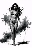 Sexy girl, petite, big boobs, wide hips, bikini . long hair,sexual. Seductive. Full Body, standing with legs and feet tattoo design idea