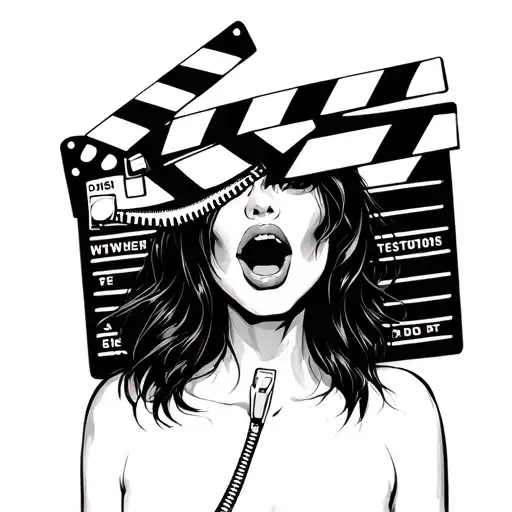 woman with zipper as mouth over a clapper board  tattoo design idea