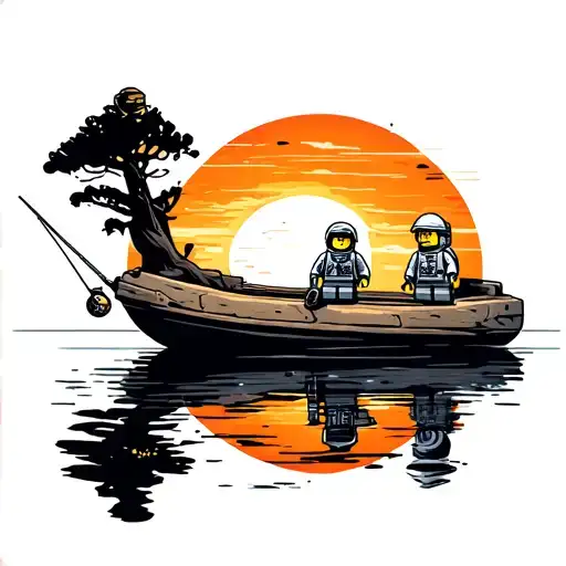 Jupiter is floating in a lake with a sunset background. A lego firefighter and astronaut are sitting on jupiter fishing. tattoo design idea