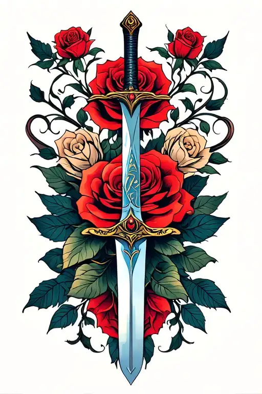 A minimalist design of the Mulan family sword intertwined with a rose from Beauty and the Beast tattoo design idea
