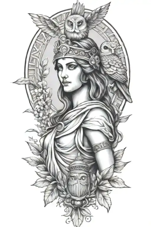 athena greek goddess with owl and parthenon and olive branch tattoo design idea