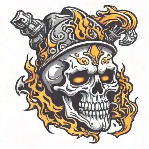 skull wearing top hot with flames  tattoo design idea