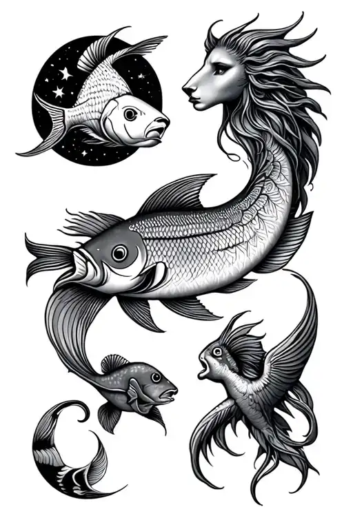 celestial signs of six star signs: Pisces, Leo, Libra, Virgo, Cancer, and Aquarius together tattoo design idea