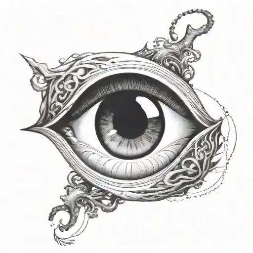 dark sky with giant evil eye, below the ground 3 heads that connect tattoo design idea