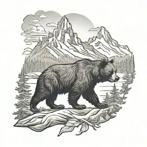 half arm sleeve of the grand teton mountains with a black bear on the chest tattoo design idea
