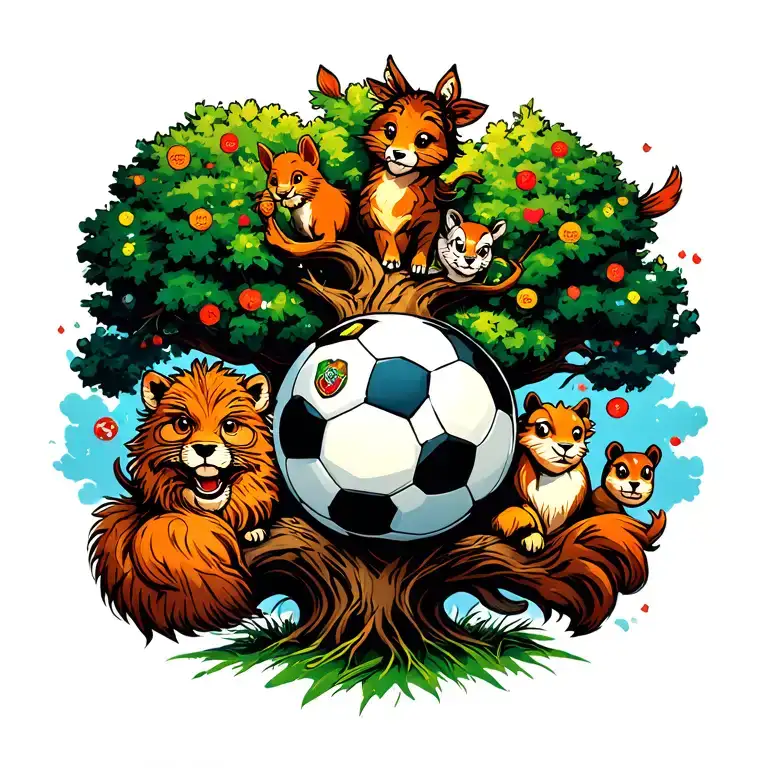 A big soccer tree with a bunch of different animal characters on it around it tattoo design idea