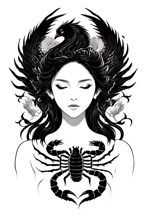 silouette of a woman’s face serene and powerful with pheonix and dragon. A scorpion on her breast revealing it tattoo design idea