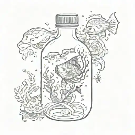 line tattoo design of a round bottle with a underwater theme inside the bottle, include animals tattoo design idea