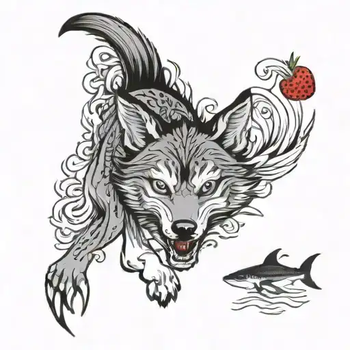 crawling Wolf with shark tail with strawberries on the mouth tattoo tattoo design idea