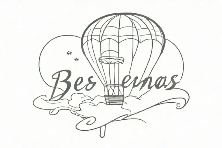the word 'Buenas' with a small drawing of a two-seater parasailing behind  tattoo design idea