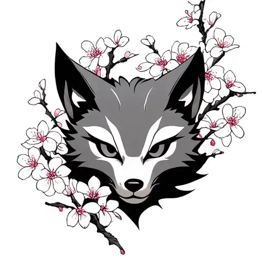 kitsune mask surrounded by cherry blossoms tattoo design idea