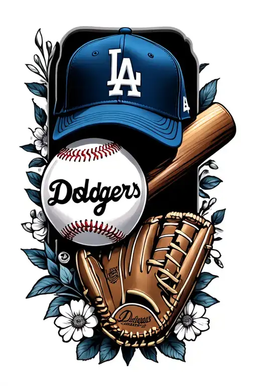 LA Dodgers with floral, baseball cap, baseball glove, and baseball bat tattoo design idea