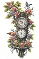 Colorful tree with timepiece and grave stones with flowers at base of the tree tattoo design idea
