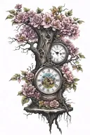 Colorful tree with timepiece and grave stones with flowers at base of the tree tattoo design idea
