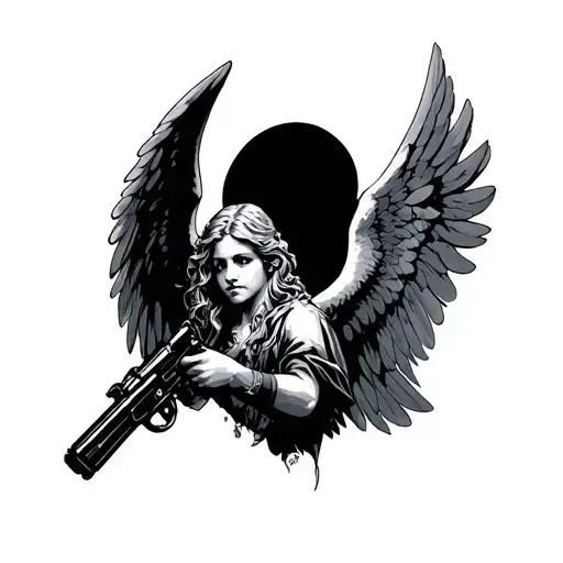angel holding gun tattoo design idea