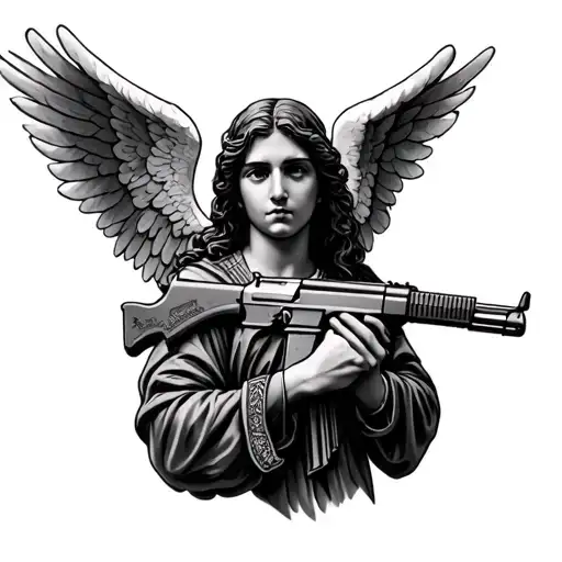angel holding ak 47 money blessed realistic tattoo design idea