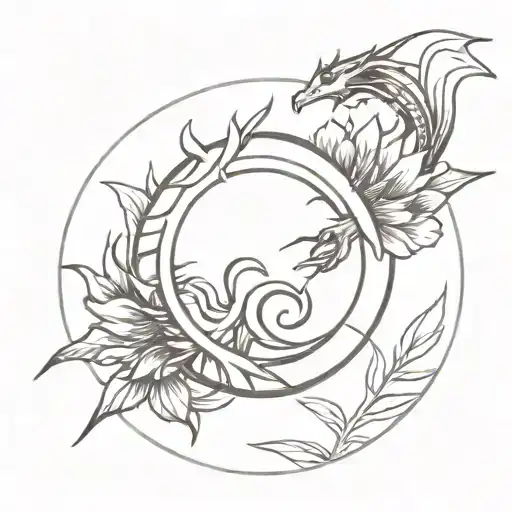 a sun with mandarin letters with a dragon and a radium around it with thin leaves tattoo design idea