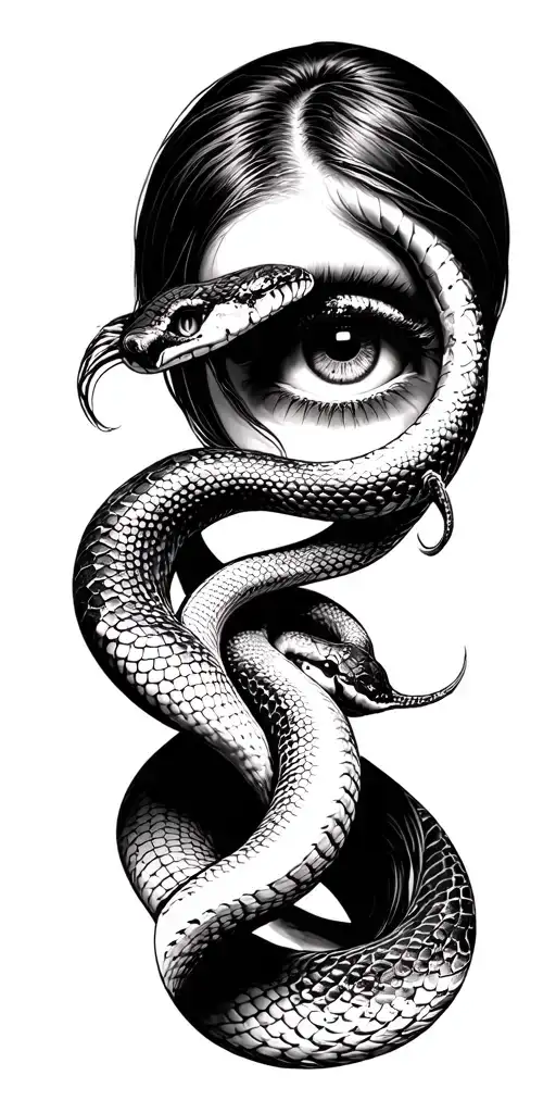 womens face with a snake coming ou of her eye tattoo design idea