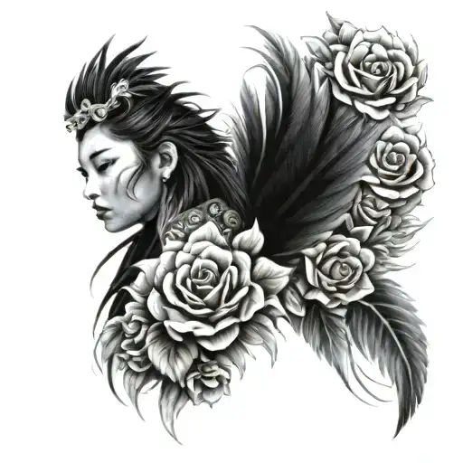 feathered phoenix and roses wrapped Hmong beautiful girl fantasy style realism tattoo design idea