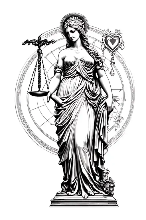 ON THE LEFT SIDE STANDS THEMIS WITH A SCALE IN HER HAND, ON THE SCALE ON ONE SIDE LIES A HEART, AND ON THE OTHER A LARGE tattoo design idea