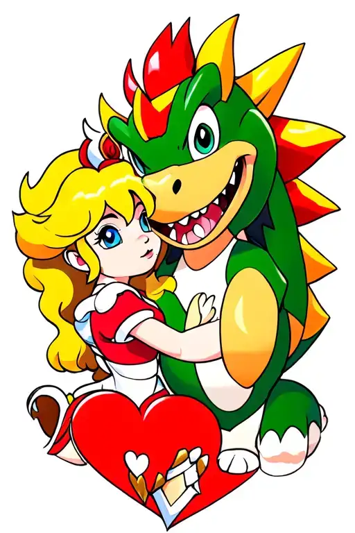 princess peach kissing bowser in a heart tattoo design idea
