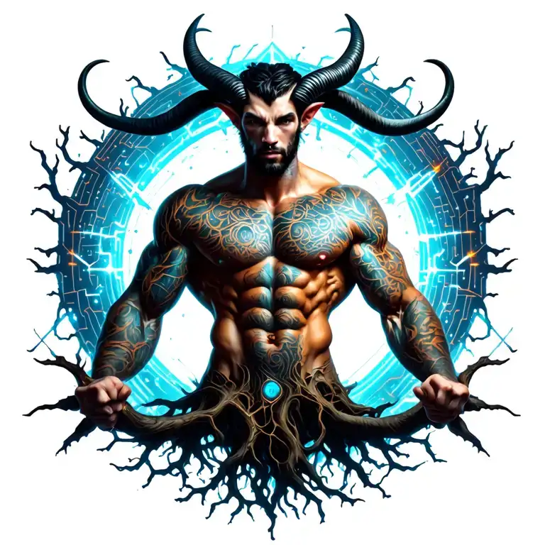 sexy gay male horned satyr with massive bodybuilder muscles flex. cyber tree roots, vines and constellations tattoo design idea