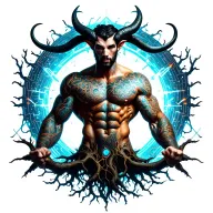 sexy gay male horned satyr with massive bodybuilder muscles flex. cyber tree roots, vines and constellations tattoo design idea