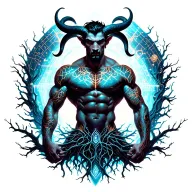 sexy gay male horned satyr with massive bodybuilder muscles flex. cyber tree roots, vines and constellations tattoo design idea