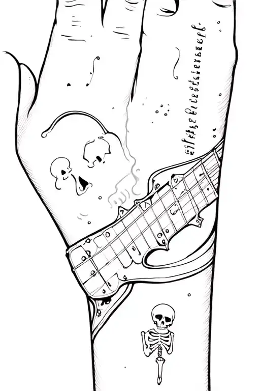 Blackwork fine-line right forearm wrap with tombstones in mist, minimal worship lyrics, and two subtle skeletons (guitar tattoo design idea