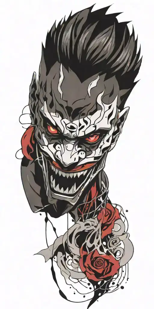 male anime character  oni mask fighting off inner demons with minimal black tattoo design idea