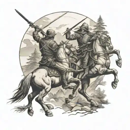 horsemen fighting with swords in the mountain with trees surrounding, back tattoo  tattoo design idea
