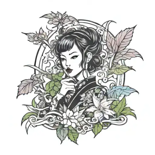 gothic woman surrounded by weed tattoo design idea