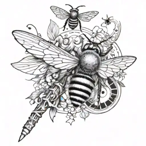 Music Notes, Bees and drumsticks tattoo design idea