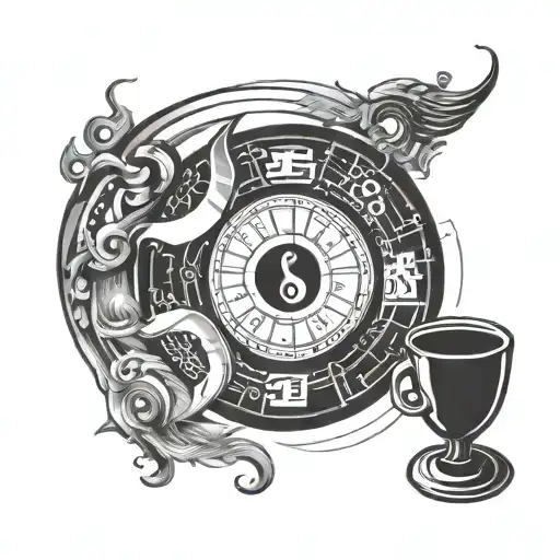 A programming code design with yin and yang elements and coffee cup accents tattoo design idea