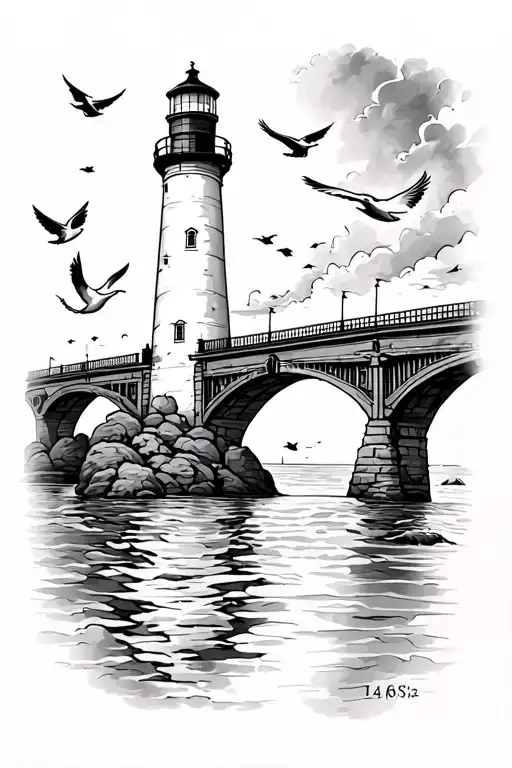 forearm with lighthouse and doves flying around it with the confederation (Prince Edward Island) bridge with 14/6/2023  tattoo design idea