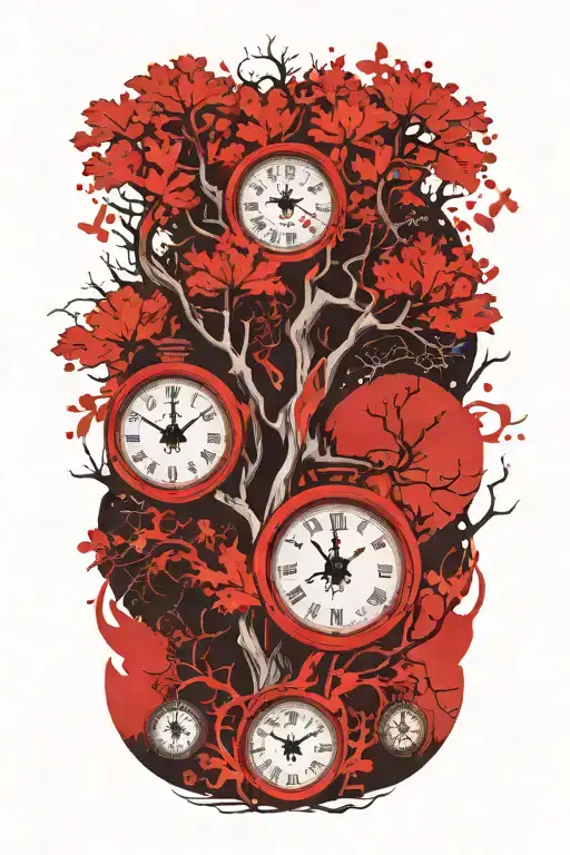 oak tree branches with three clocks integrated into it for an arm sleeve tattoo design idea