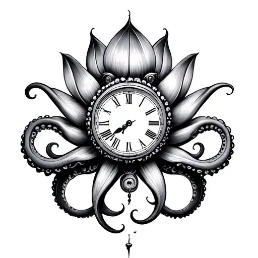 octopus tentacle lotus clock embedded tattoo design idea
