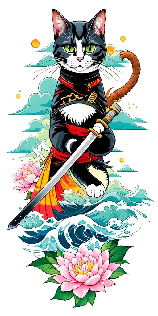 ninja cat holding katana, tail, water, waves, lotus, sakura, clouds, whirlpool, leaves, peony, sunset, pagoda, temple tattoo design idea
