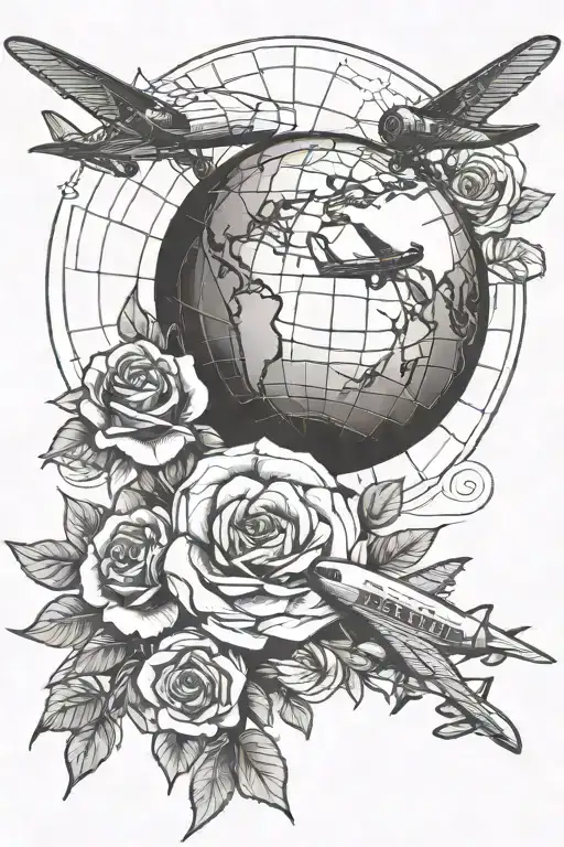 globe under a rose with a plane flying around  tattoo design idea
