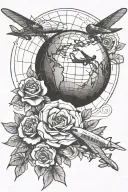 globe under a rose with a plane flying around  tattoo design idea