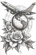 globe under a rose with a plane flying around  tattoo design idea