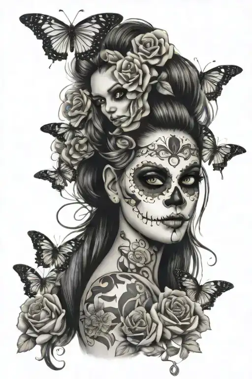sexy day of the dead girl with butterflies surrounding tattoo design idea