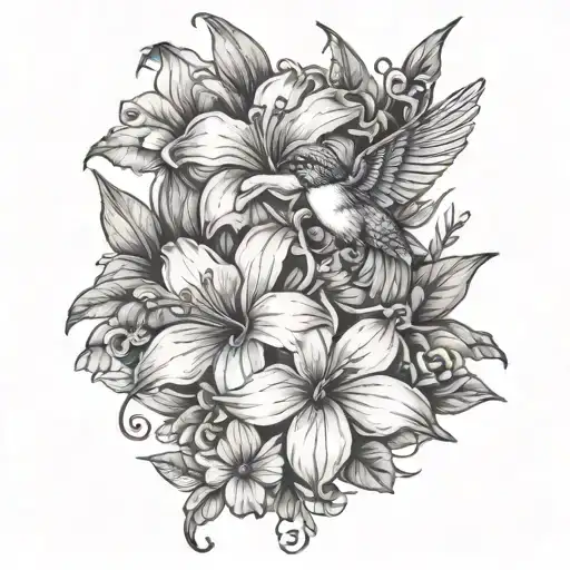 fore arm sleeve with petunias and humming birds tattoo design idea