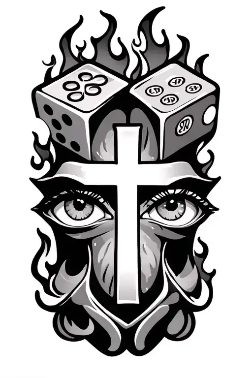 money, dice rolling, cross, eyes, flames tattoo design idea