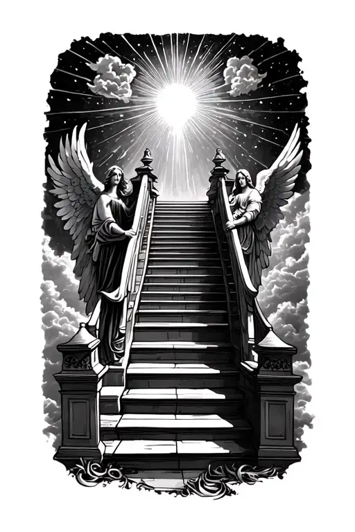 stairway to heaven walking up stairs angels sun rays clouds heaven gate at the top of the stairs  tattoo design idea