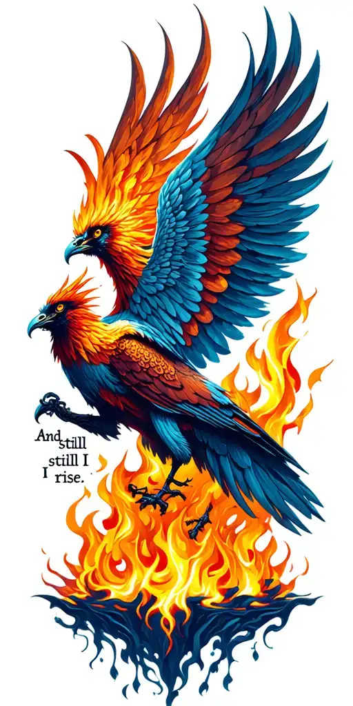 phoenix rising from the ashes with quote "And still I rise" tattoo design idea
