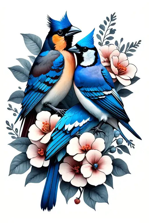 cardinal and bluejay with flowers tattoo design idea