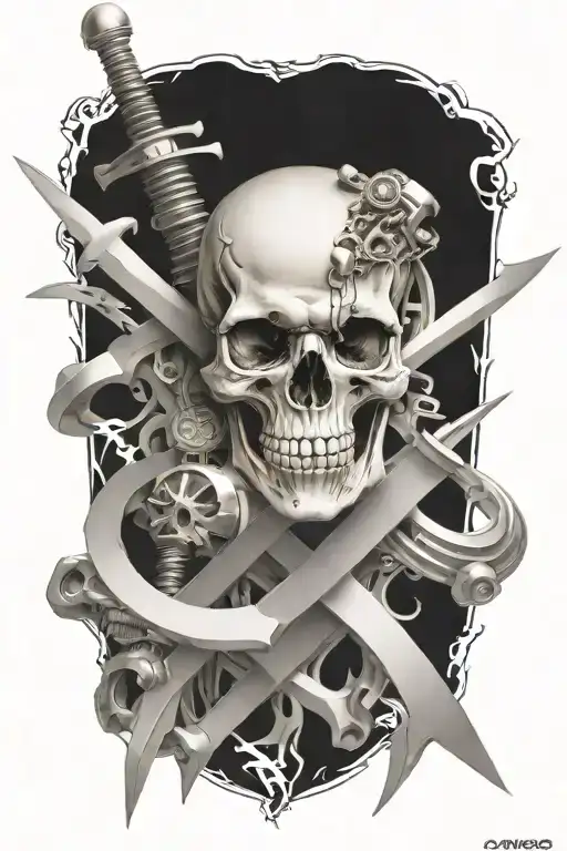 evil skull and swords surrounded by engine parts incorporated tattoo design idea
