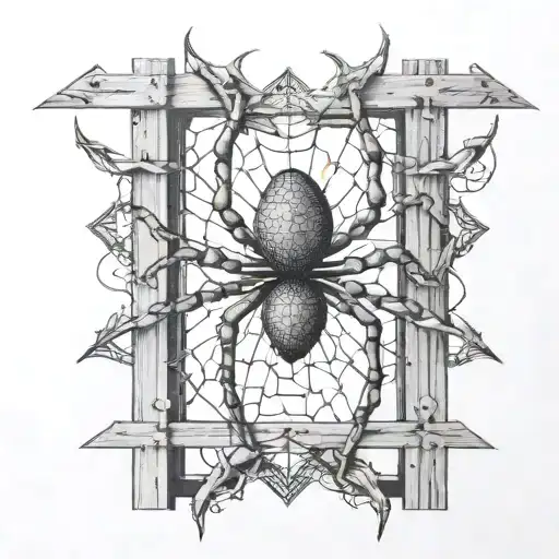 An abstract representation of a spider intertwined with cybersigilism symbols on a fence tattoo design idea